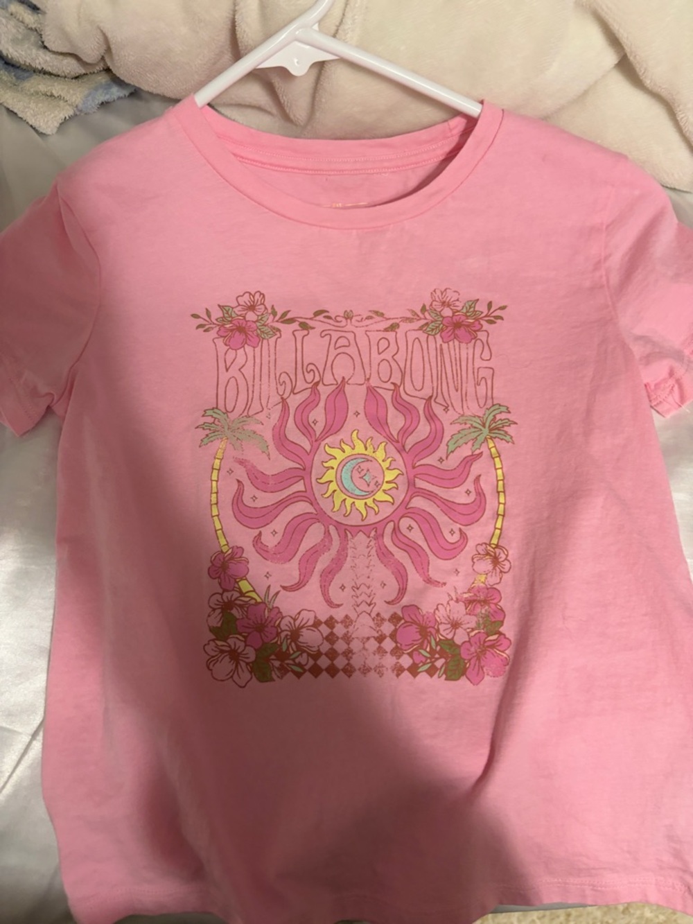 Billabong Pink Graphic Tee with Sun & Floral Motif